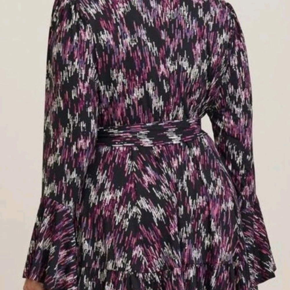 Mini Studio Knit Tiered Dress | Black Purple Print Long Ruffle Sleeve Size 2 image 3
